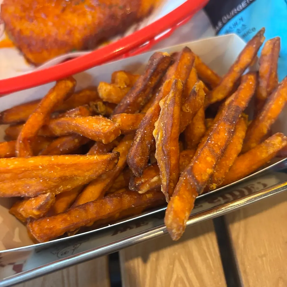 Hawaiian burger and sweet-potato fries