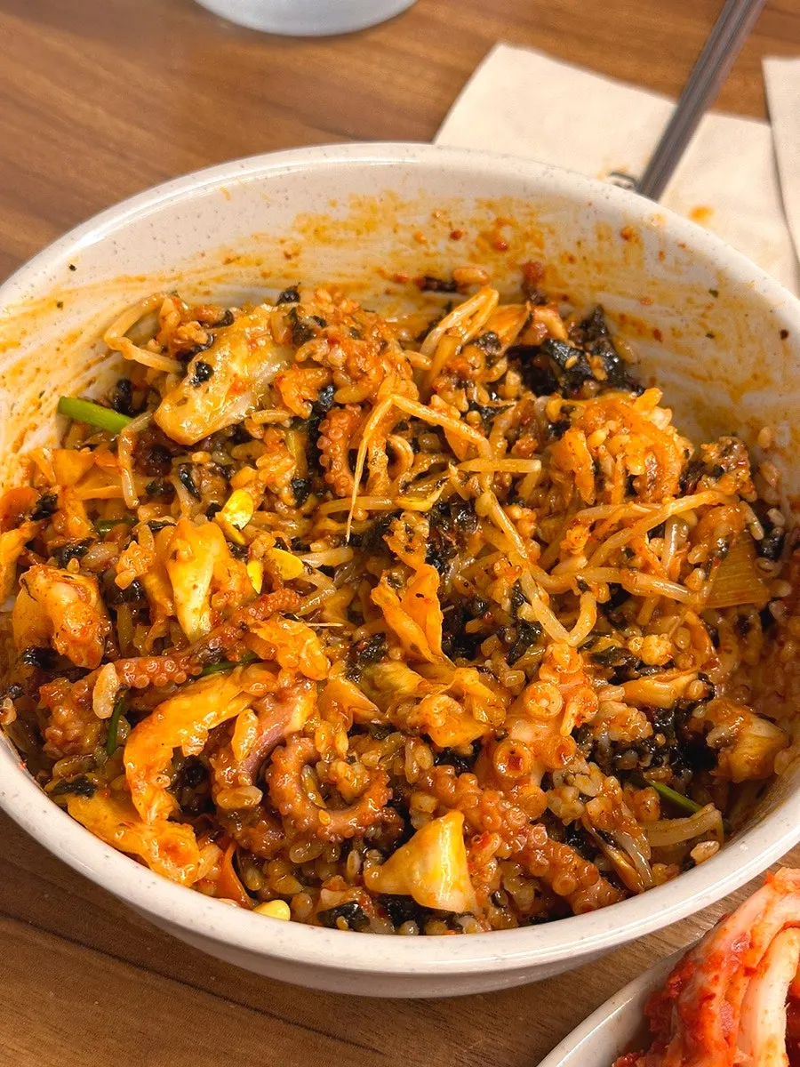 Octopus stir-fry served with white kimchi