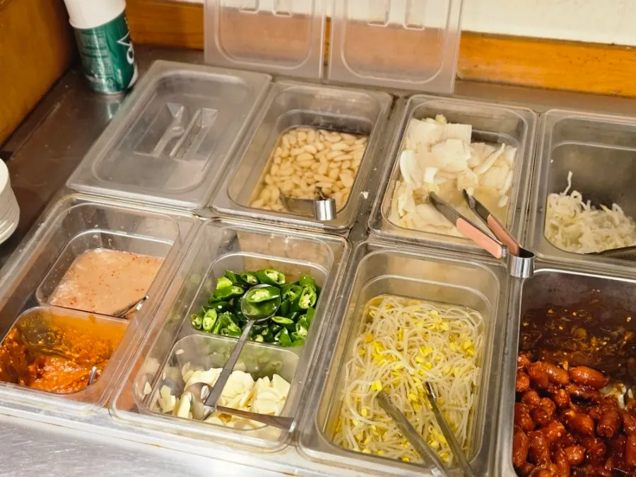 Full spread of basic banchan at Obongjip Samseong Branch