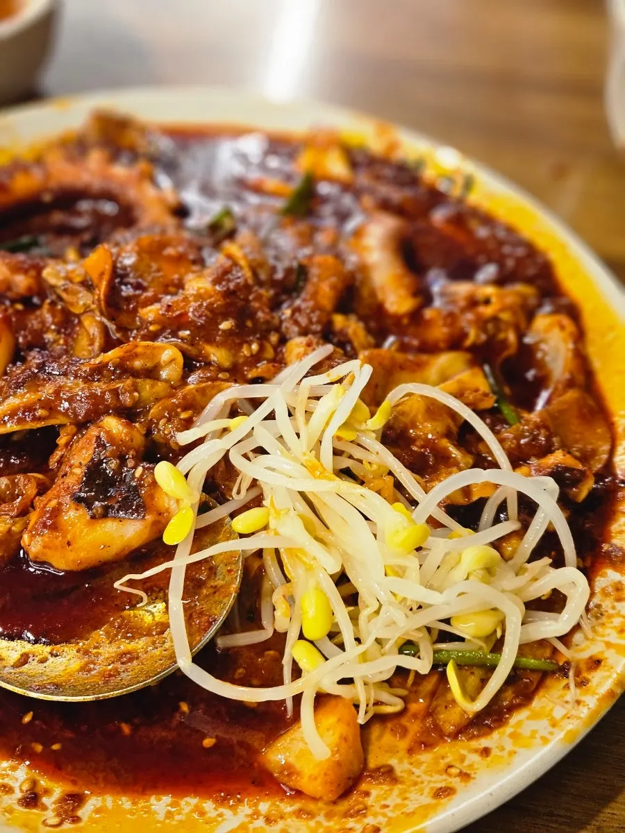 Close-up of the plump octopus in the stir-fry