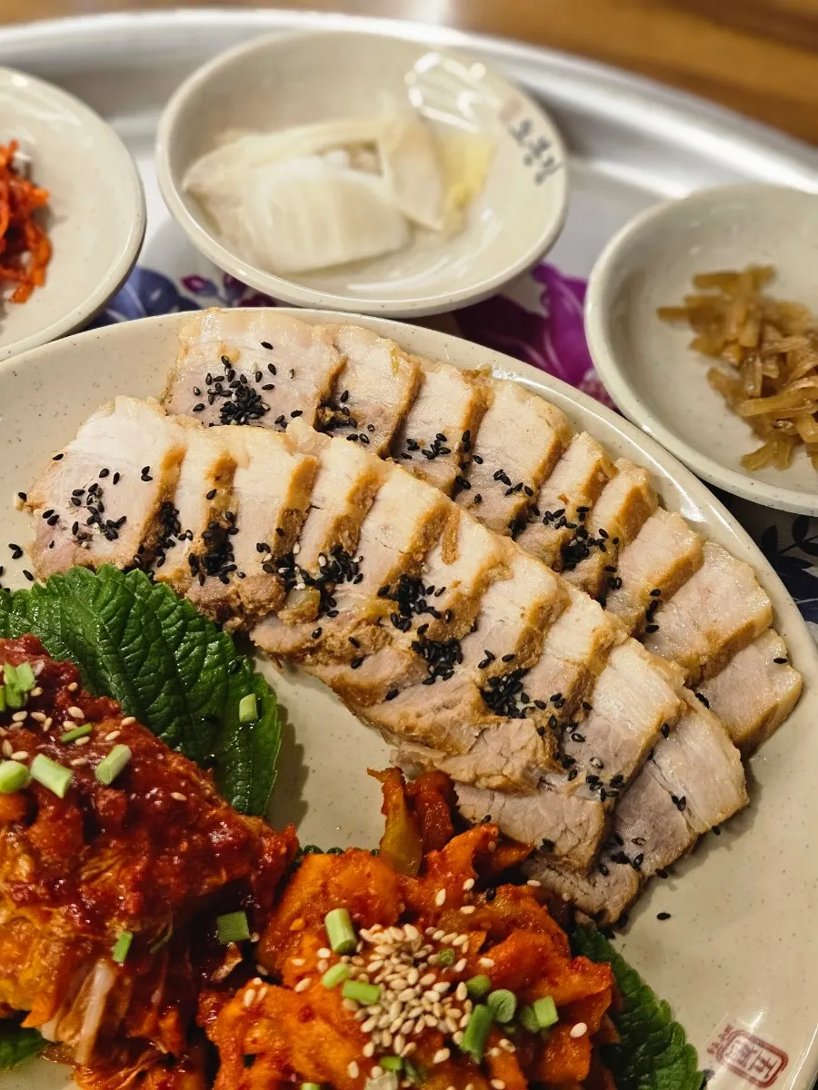 Plate of pork belly bossam served with the set