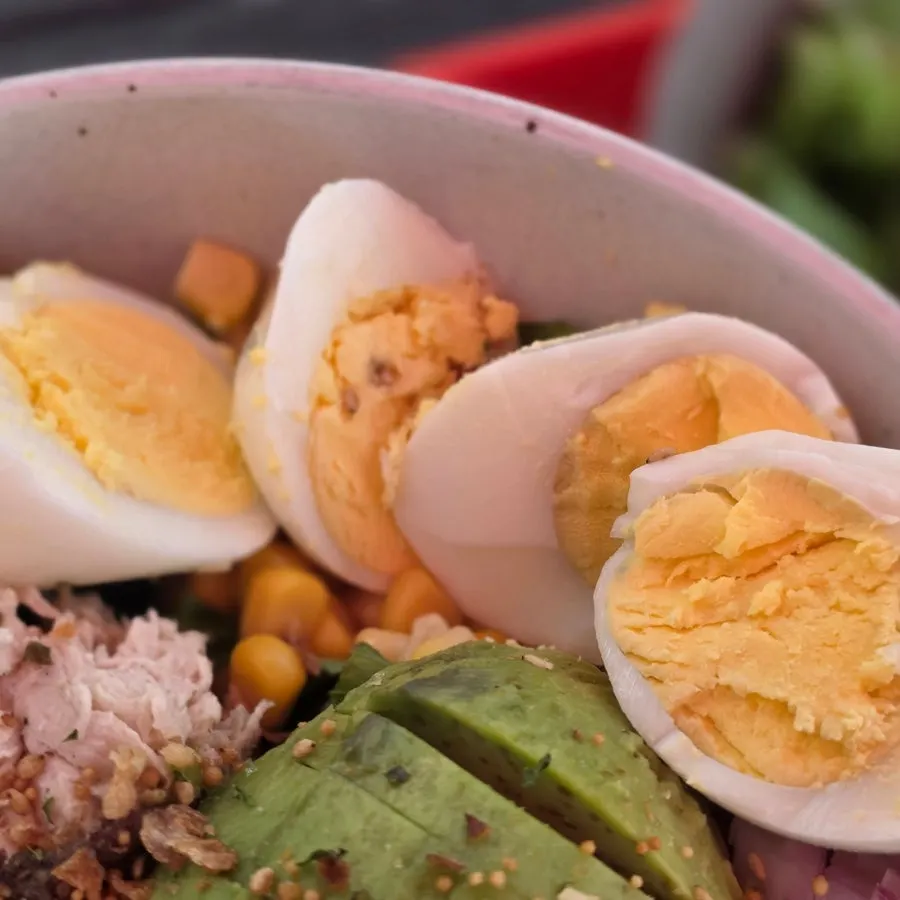 Close-up of a hard-boiled egg yolk topping
