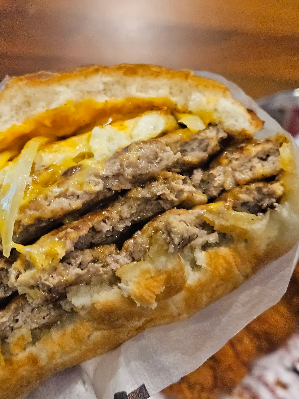 Cross-section of the vegetable-free, three-patty Greed Burger