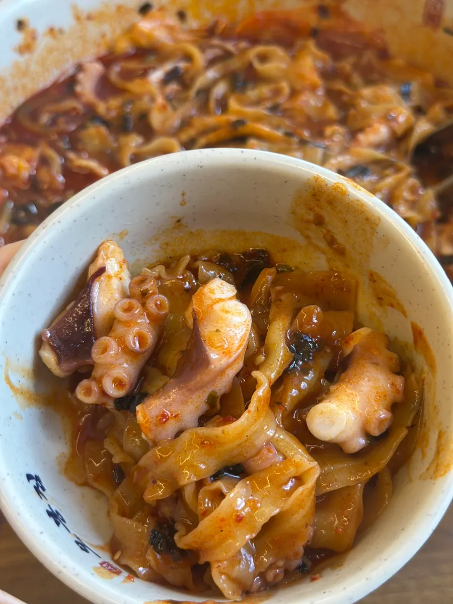 Plump octopus legs cut with scissors