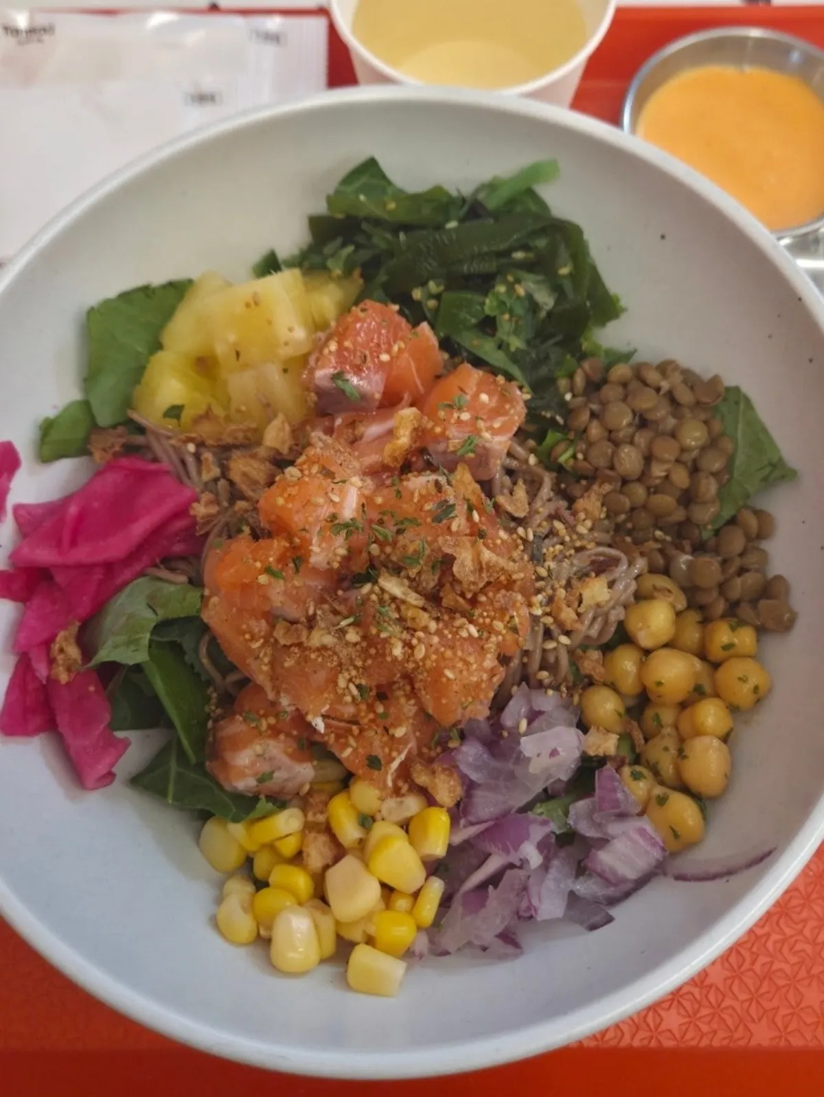 Close-up of raw salmon poke ingredients