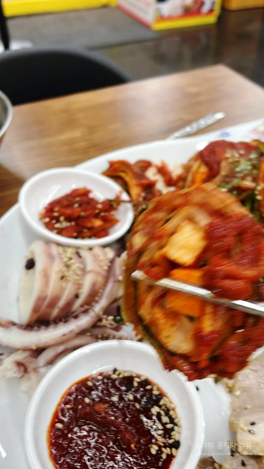 Close-up of boiled pork belly on the bossam plate
