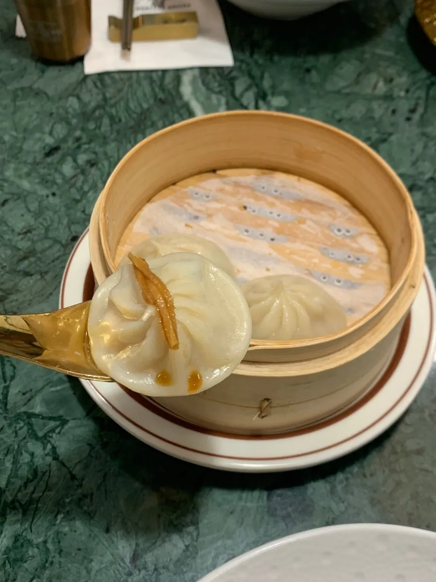 Cross-section of a handmade xiaolongbao with broth flowing out