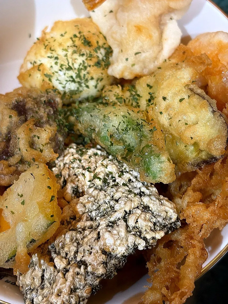 Tendon kimchi fried rice topped with tempura