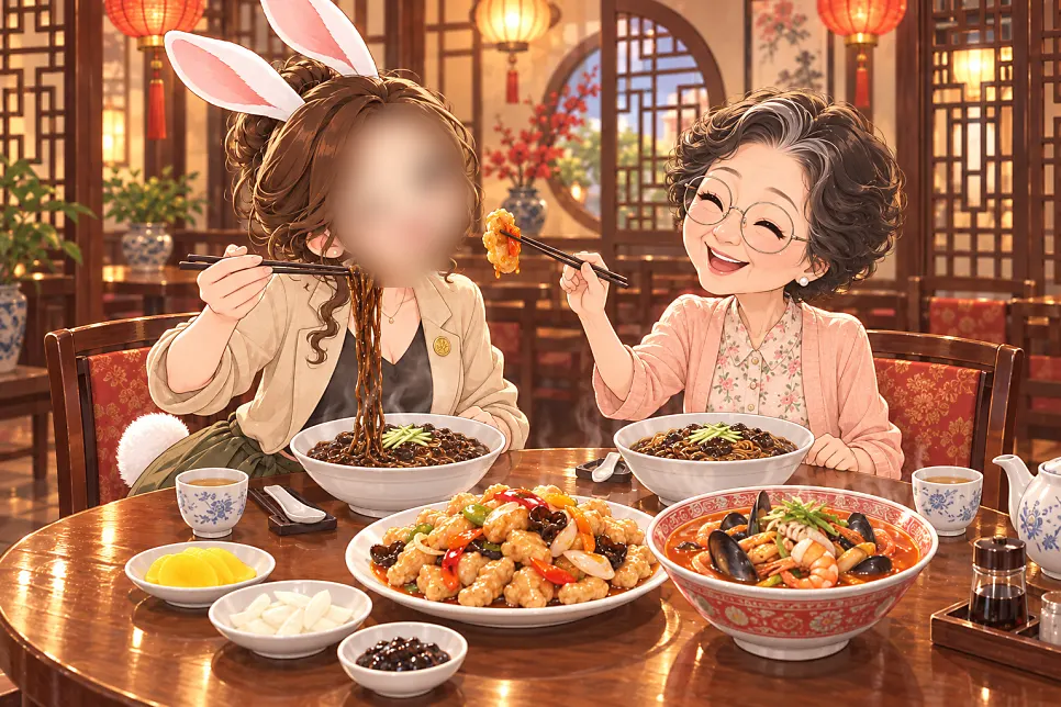 Table set with both galbi-jjim jajangmyeon and jjamppong