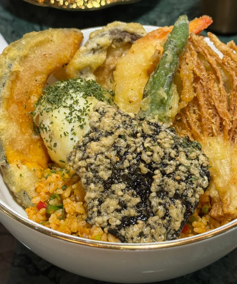 Simple banchan served in elaborate tableware