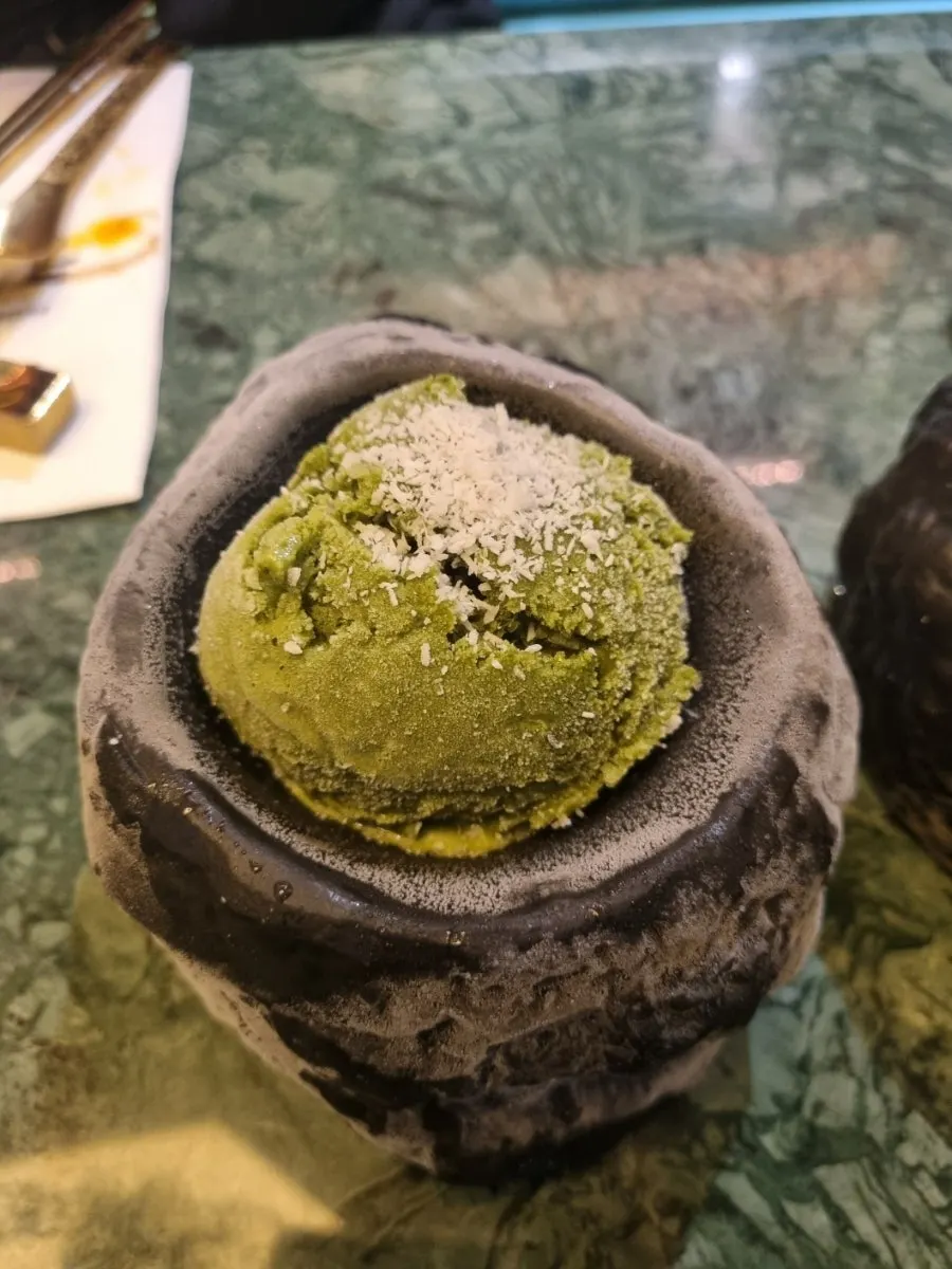 Matcha ice cream served for dessert