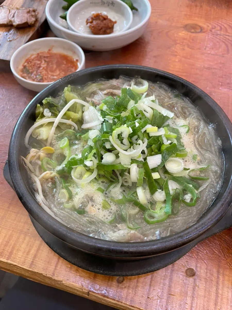 Close-up of tripe soup filled with tripe and beef blood