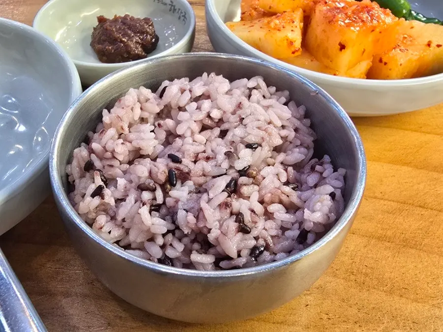 Basic table setting with black rice and the special doenjang