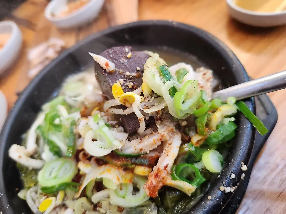 Chunky pieces of meat in the haejangguk