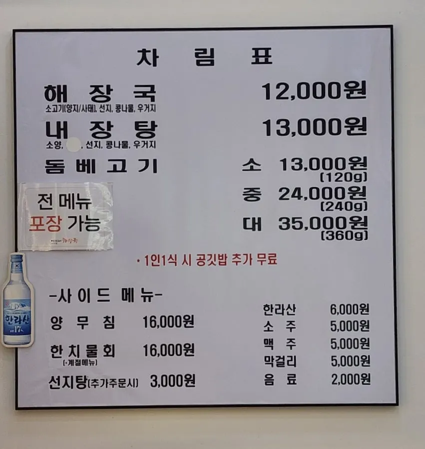 Menu board with haejangguk and tripe soup prices