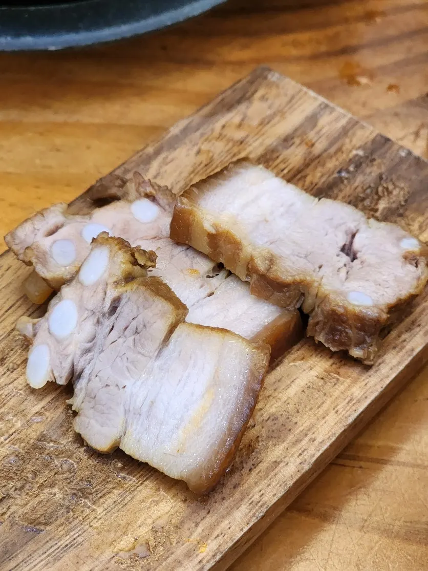 Cross-section of thickly sliced dombe pork