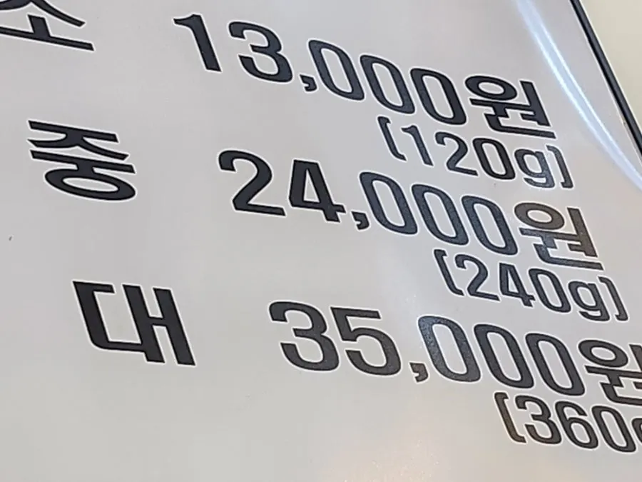 Menu board showing dombe pork prices by weight
