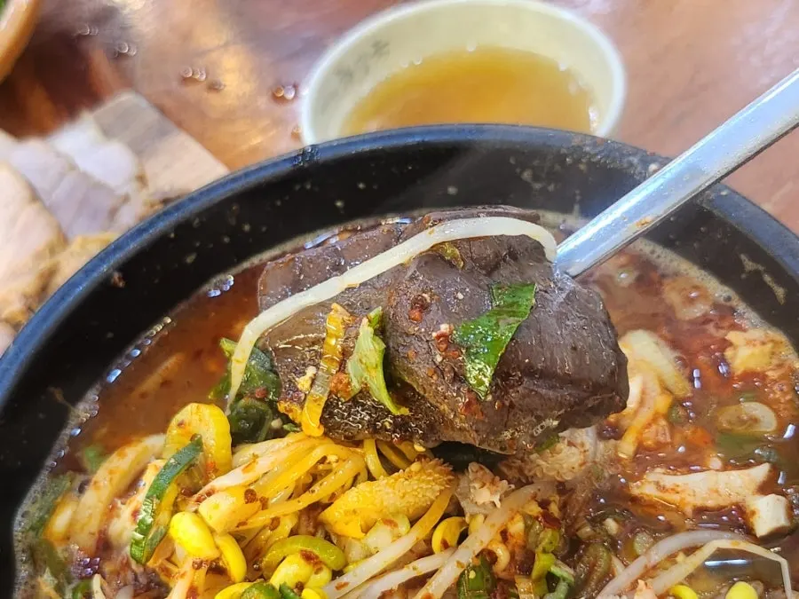 Spoonful of tripe lifted from the soup