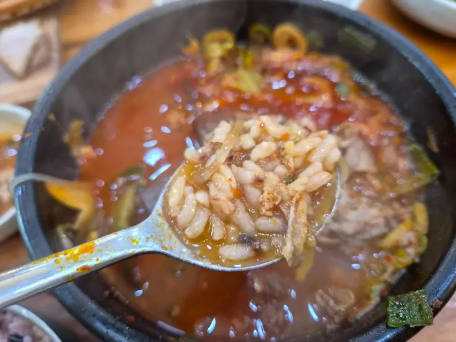 A spoonful of haejangguk with rice mixed in