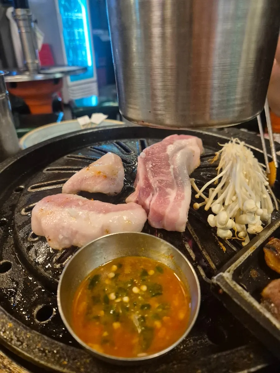 잘 구워져 육즙이 도는 돼지고기 한 점