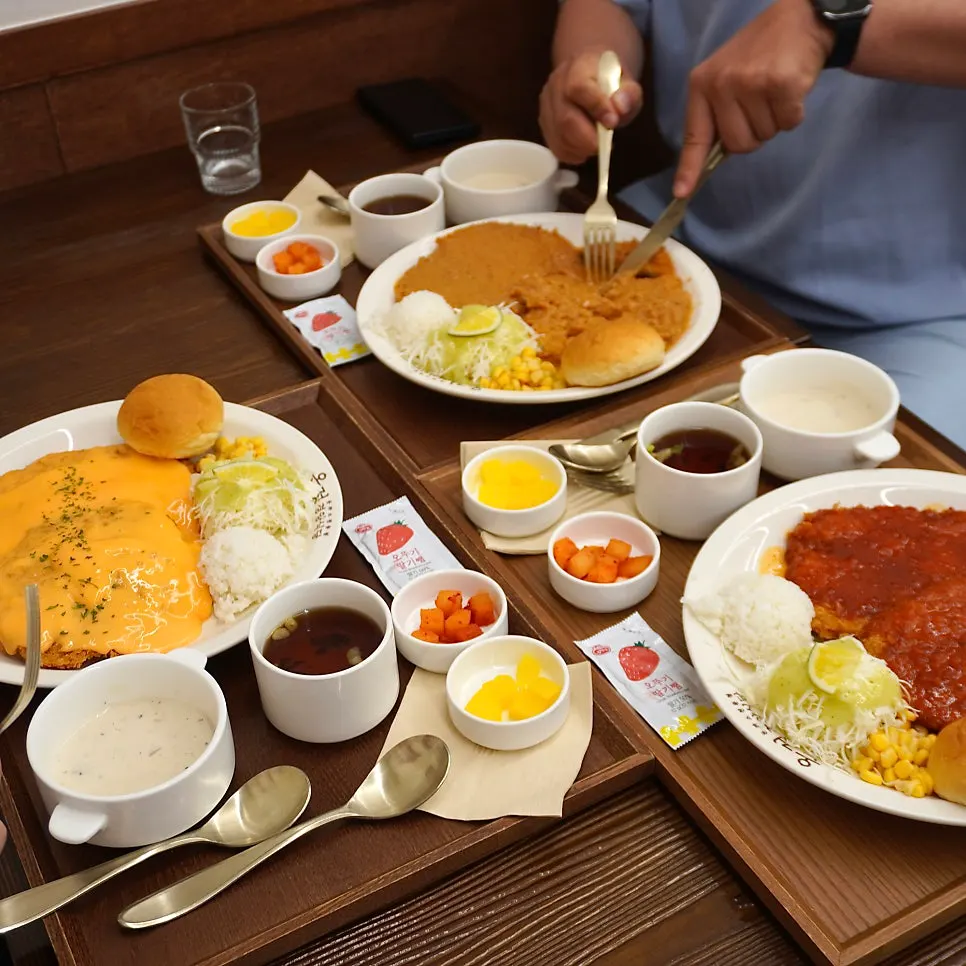 Rice and side dishes served with the pork cutlet