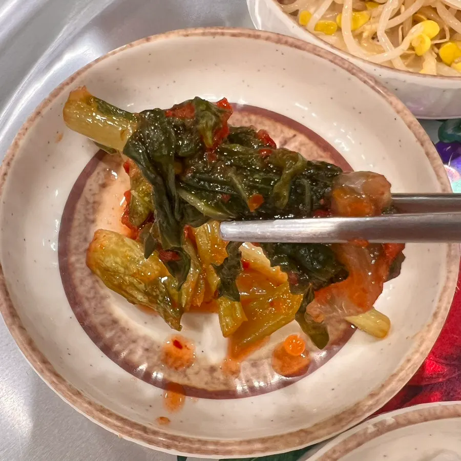 Perfectly fermented yeolmu kimchi and seasoned bean sprouts