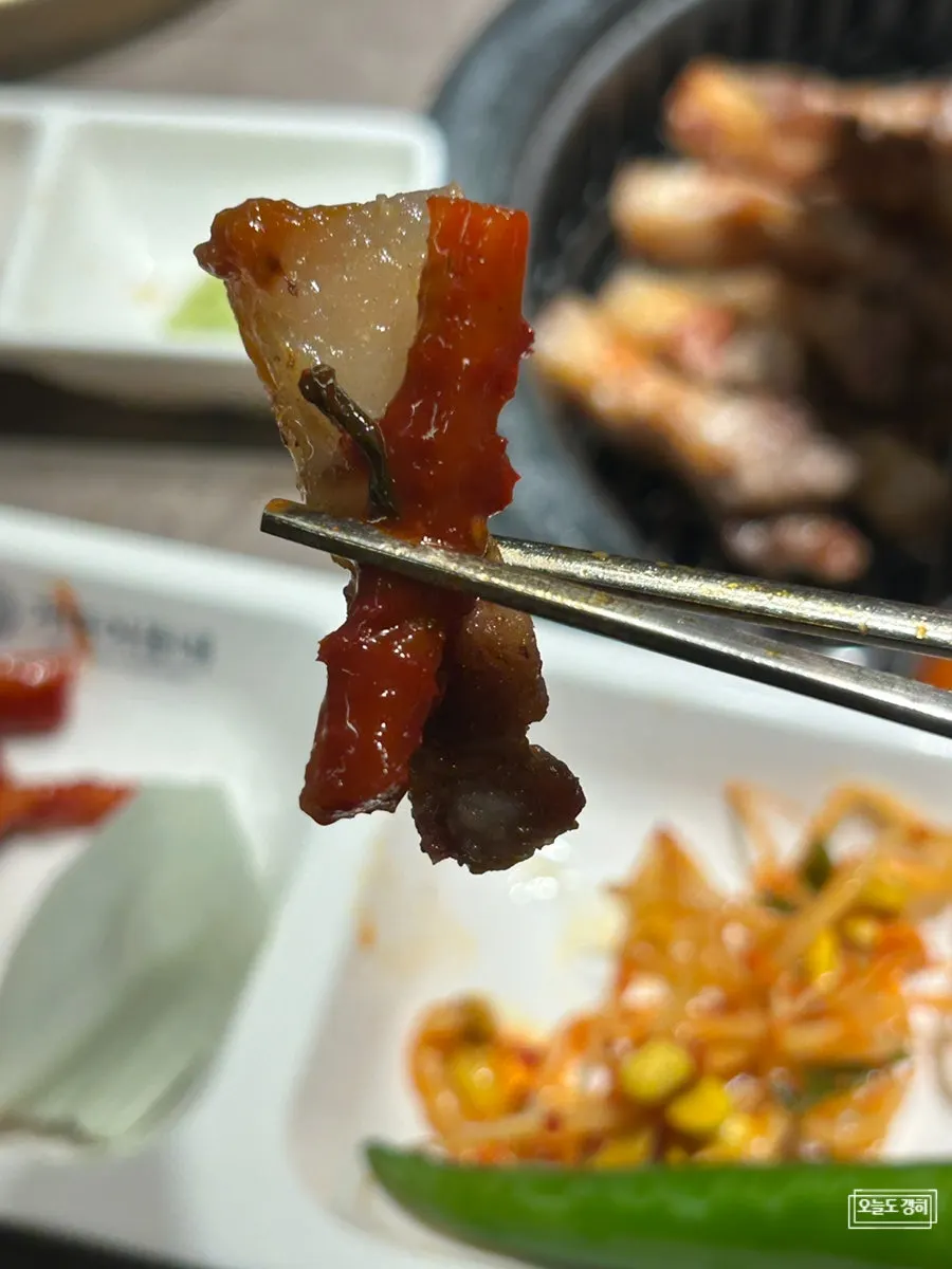 A piece of grilled pork belly glistening with fat
