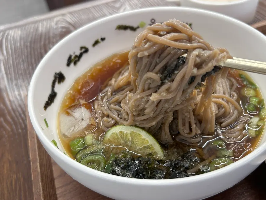Nearly finished plate of the cold soba and pork cutlet set