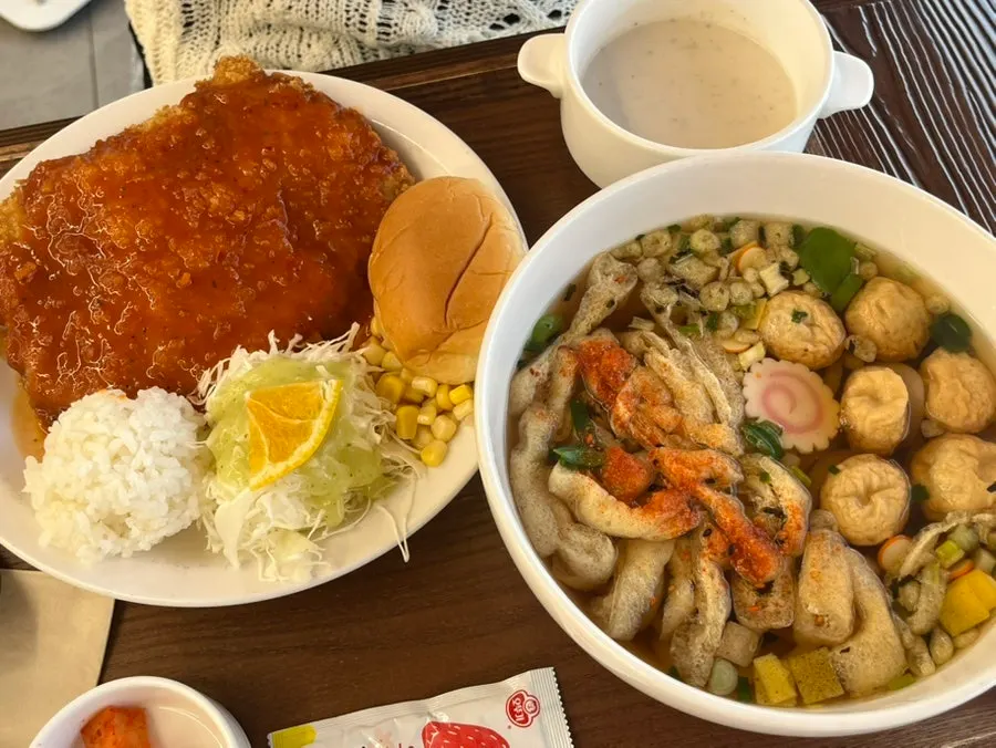 Spicy pork cutlet and udon set spread