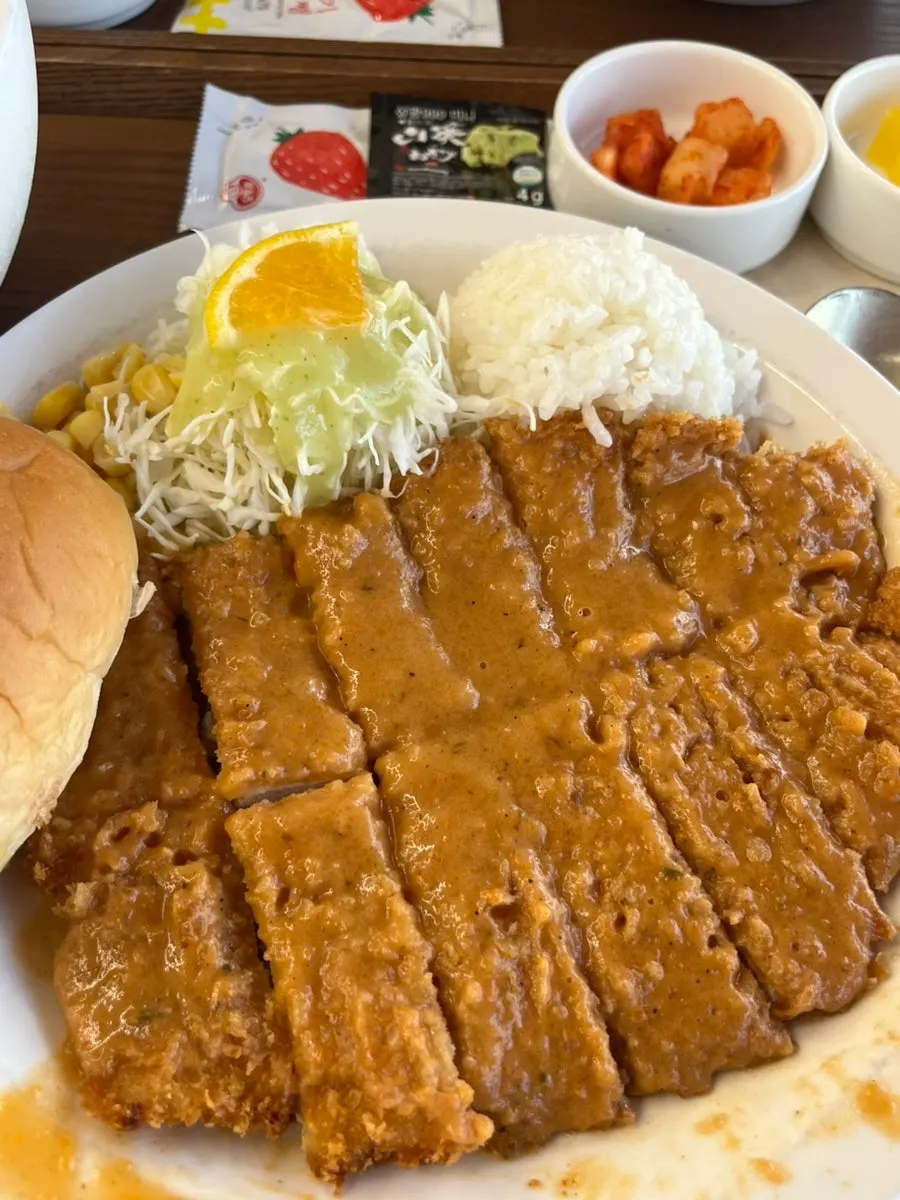 Cross-section of gyeongyangsik pork cutlet soaked in demi-glace sauce