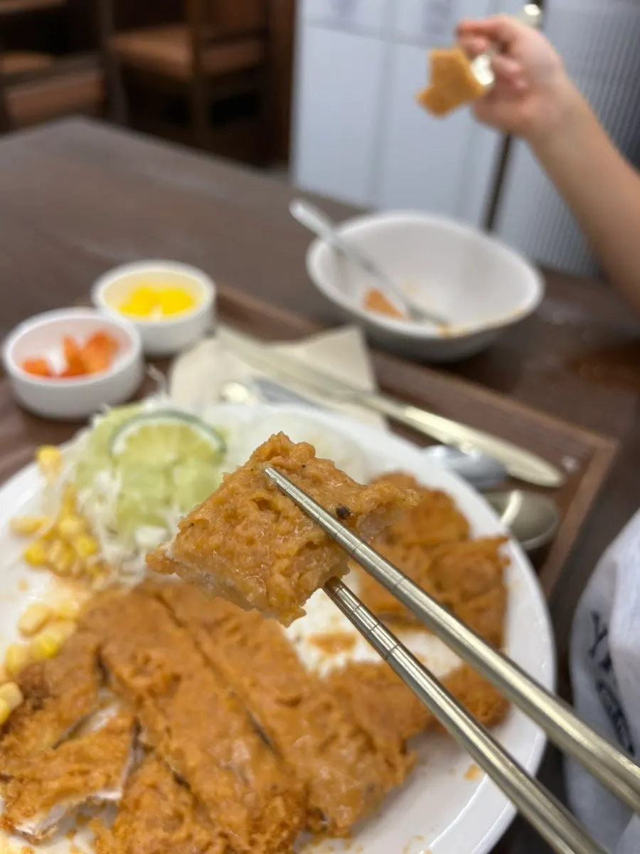 소스가 뿌려진 경양식 돈까스 단면