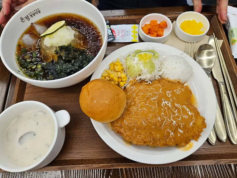 Full spread of the pork cutlet and udon set