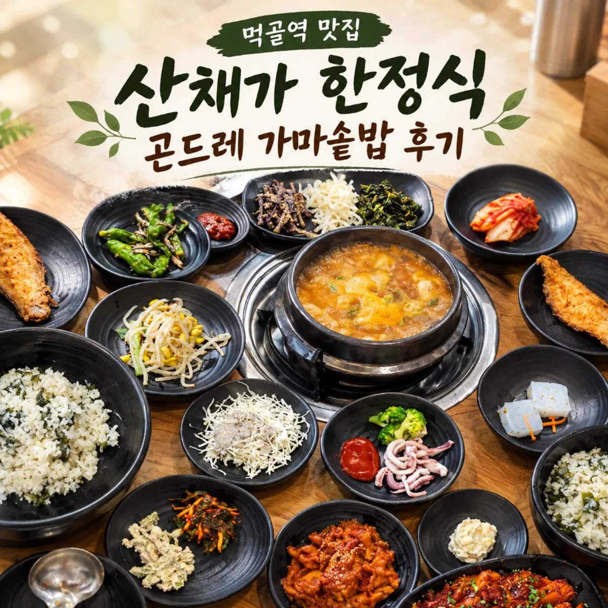 Full spread of the gondre cauldron rice set at Sanchaega Hanjeongsik Meokgol Main Branch