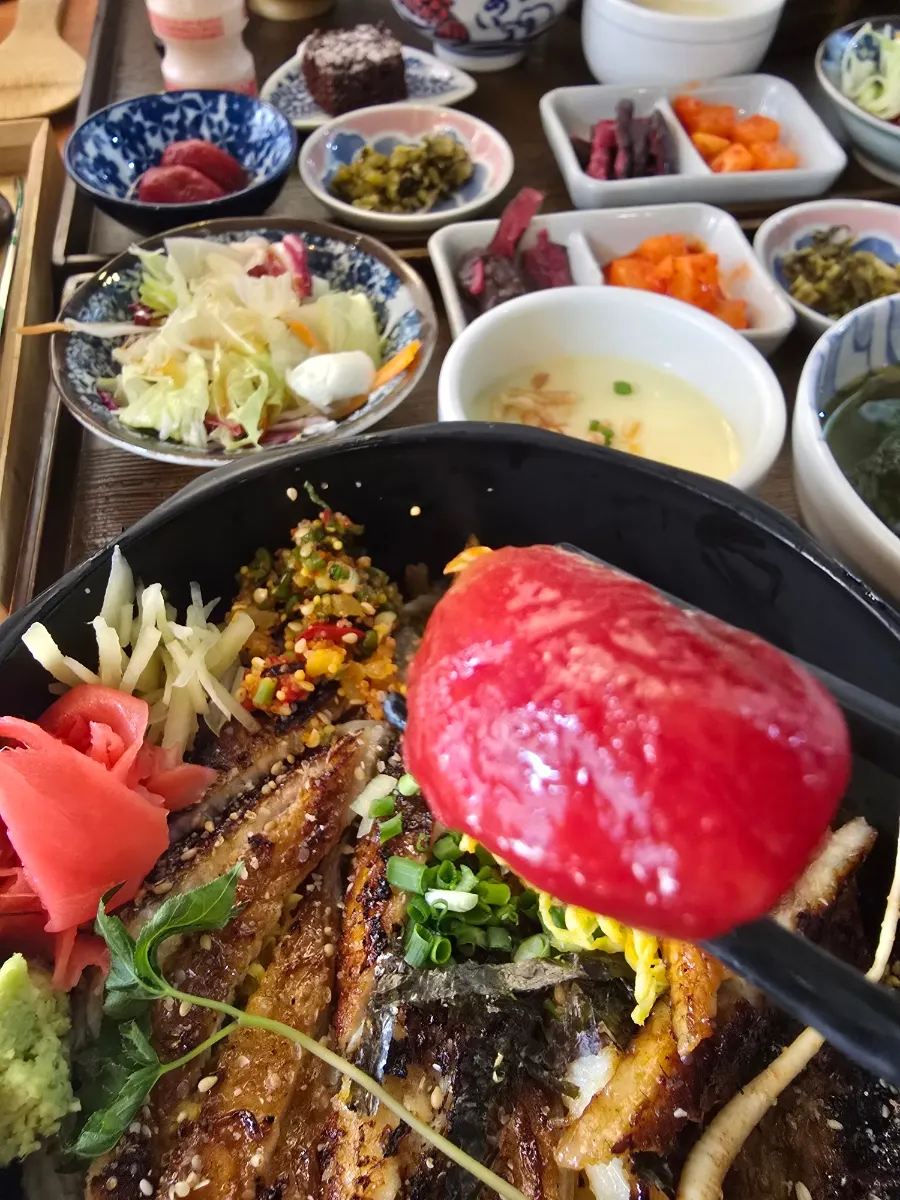 Neatly arranged premium eel rice bowl set