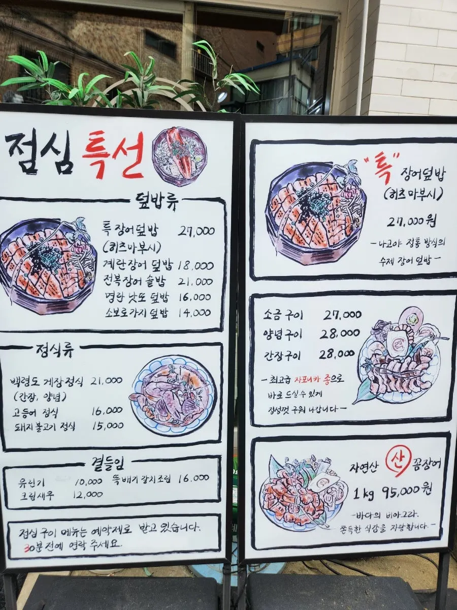 Illustrated menu at the eel restaurant entrance
