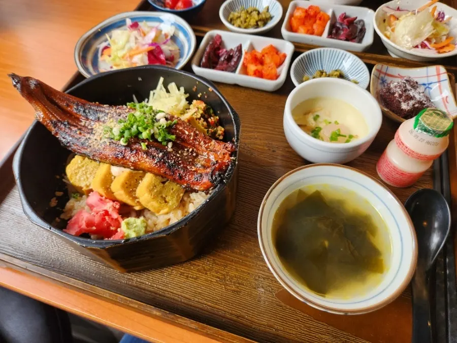 Egg-and-eel rice bowl topped with eel
