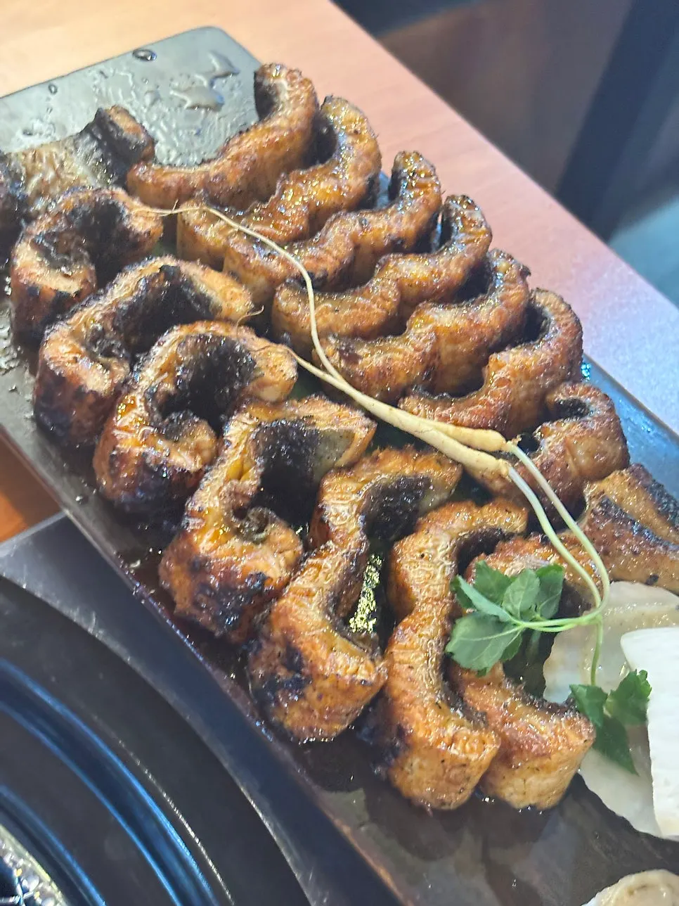 Close-up of the soy-sauce-brushed grilled eel