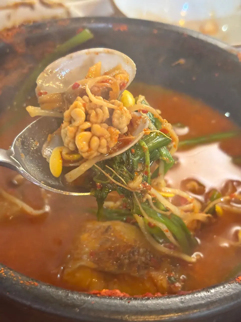 Spicy fish stew finished with clams and dumpling soup dough