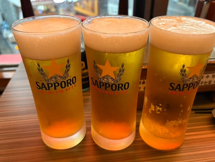 Yakitori and Sapporo draft beer