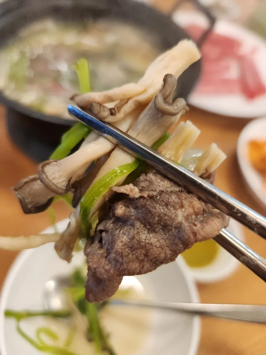 Personal bowl with beef and mushrooms together