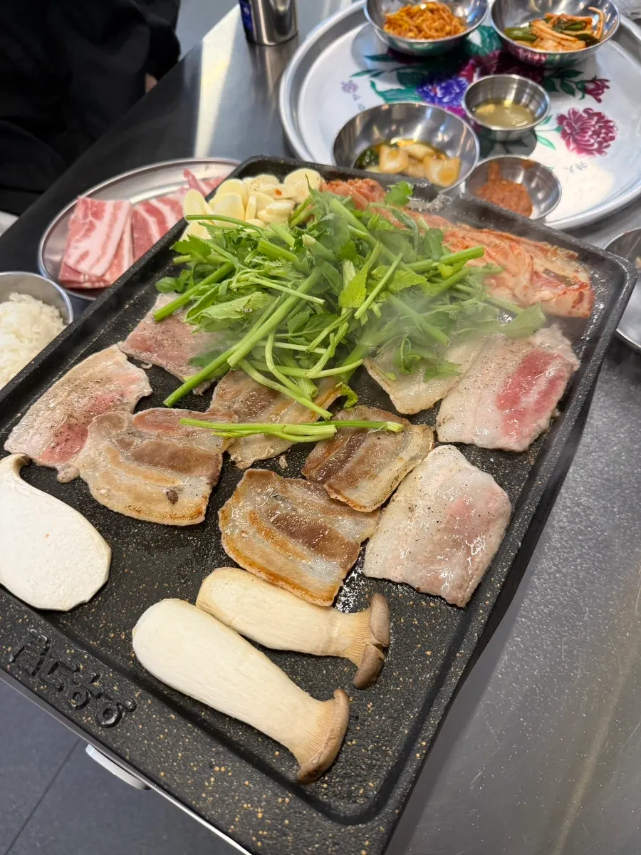 Doenjang stew and rice table spread