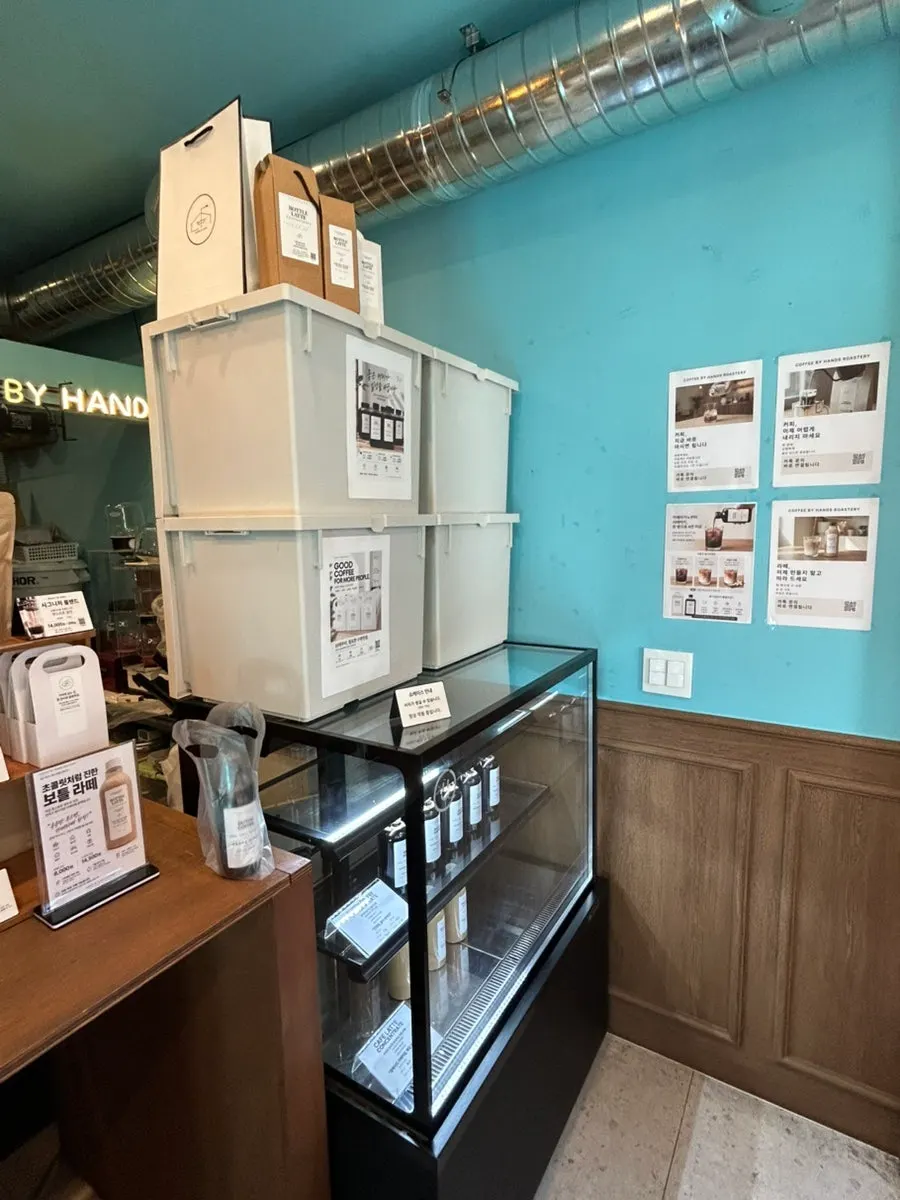 Bar table seating set up on one side of the store