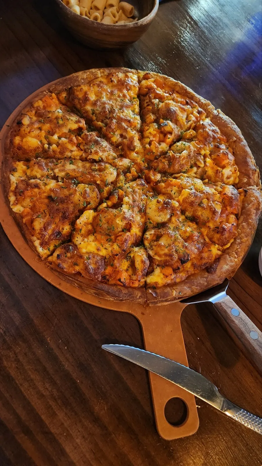 Shrimp pizza with a pastry crust