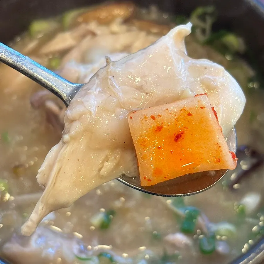 깍두기와 함께 먹는 삼계탕 닭고기