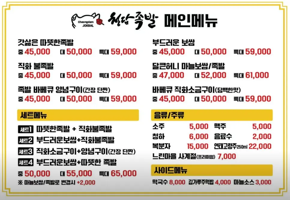 Carta de jokbal y bossam de Cheongdam Jokbal Gwanggyo Sanghyeon Branch