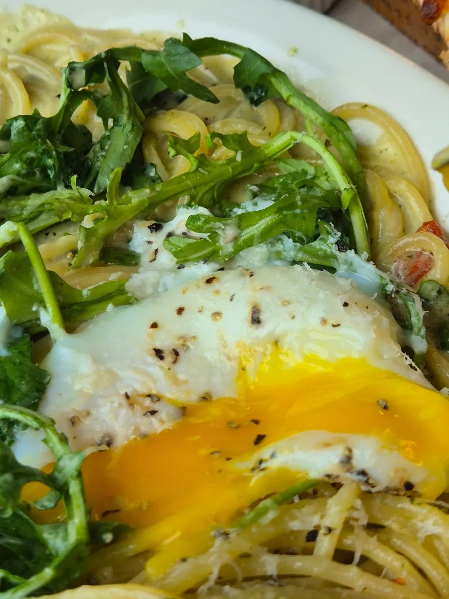 Noodles in basil pesto cream pasta