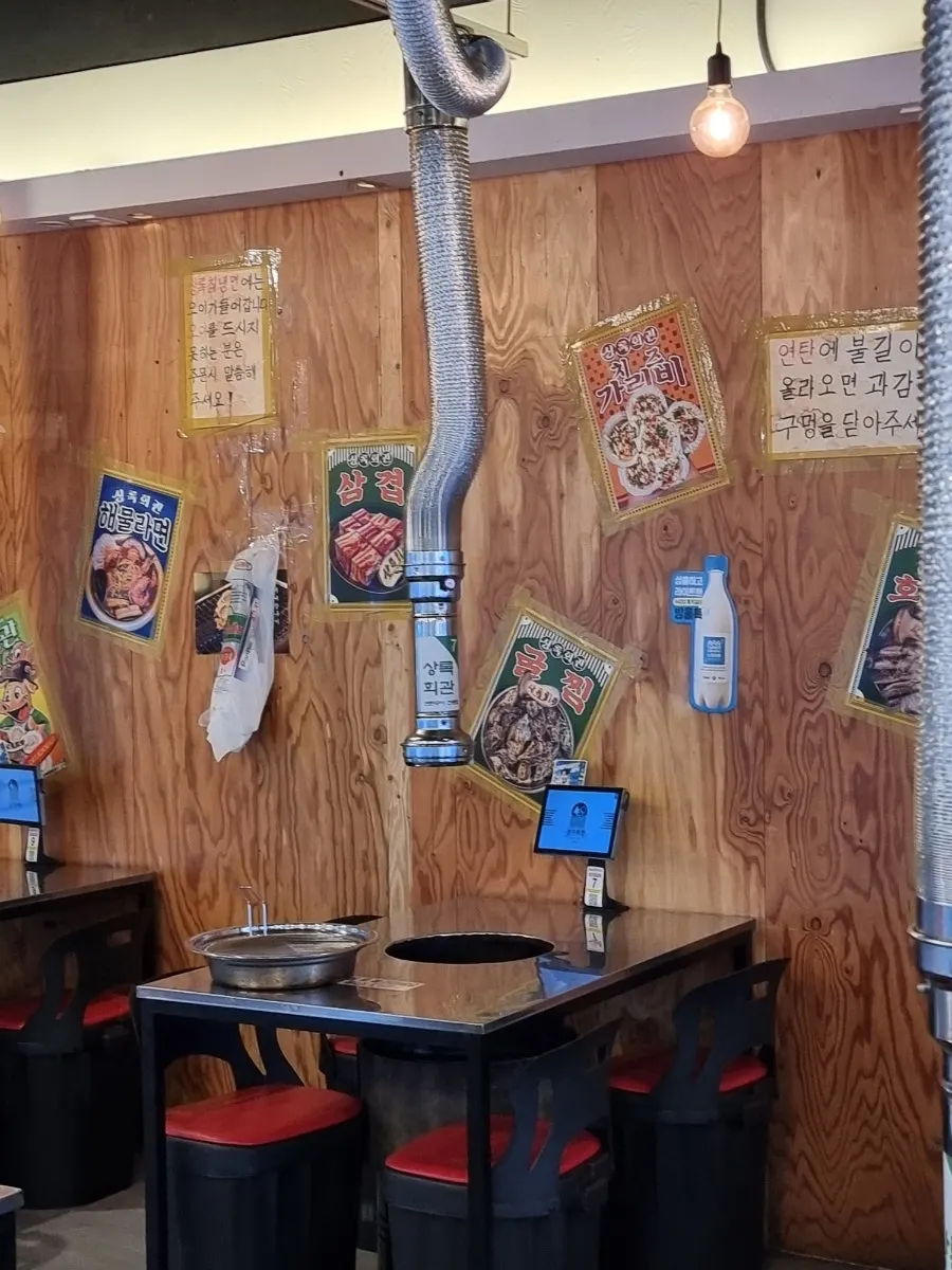 Interior with charcoal grill tables set up