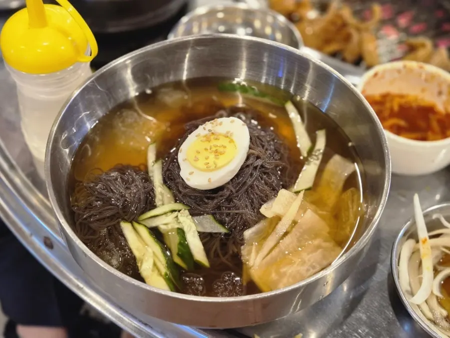 A bowl of mul naengmyeon ordered for dessert-like course