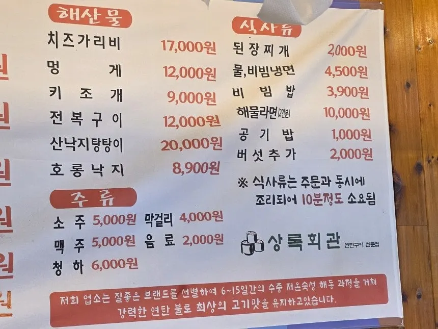 Menu board listing pork, beef, seafood, and meal dishes at Sangnok Hoegwan