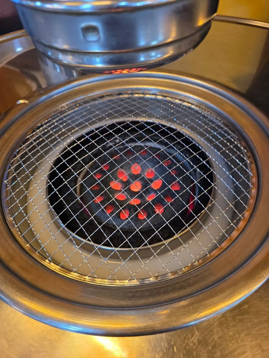 Charcoal briquettes laid in the tabletop grill